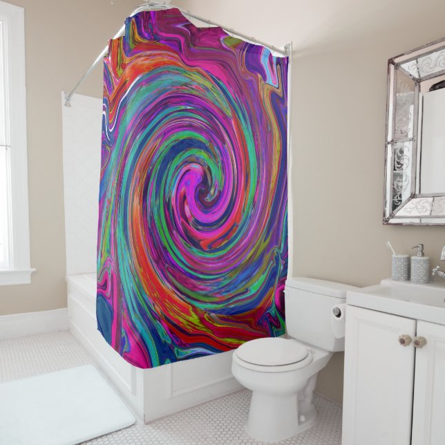 Groovy Abstract Retro Magenta Dark Rainbow Swirl Shower Curtain (In Situ)
