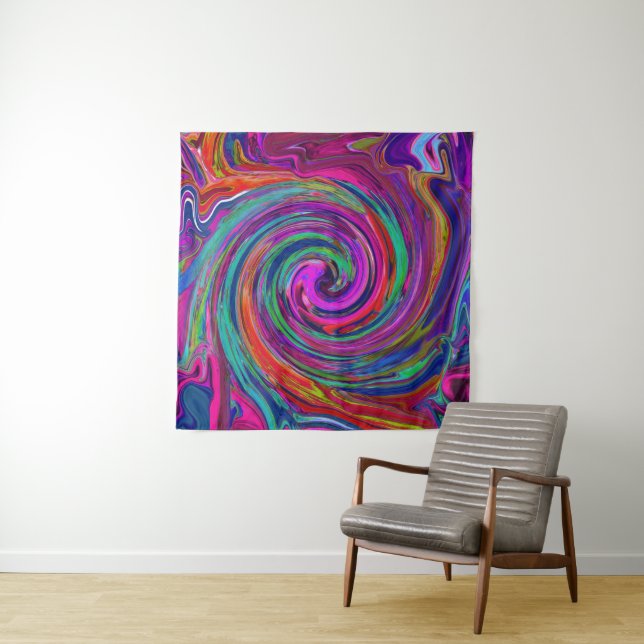 Groovy Abstract Retro Magenta Dark Rainbow Swirl Tapestry (In Situ)