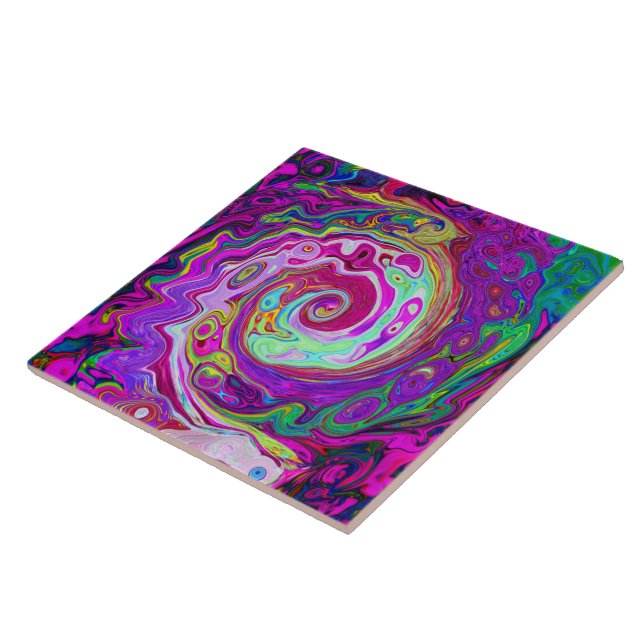 Groovy Abstract Retro Magenta Rainbow Swirl Ceramic Tile (Side)