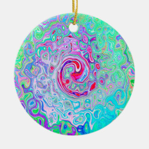 Groovy Abstract Retro Pink and Green Swirl Ceramic Ornament