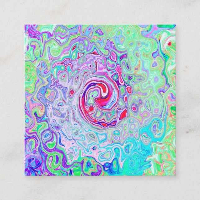 Groovy Abstract Retro Pink and Green Swirl Square Business Card (Front)