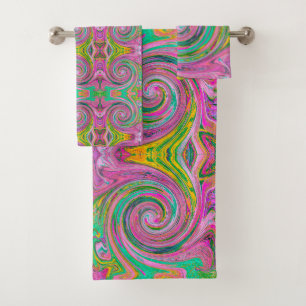 Groovy Abstract Retro Pink and Mint Green Swirl Bath Towel Set