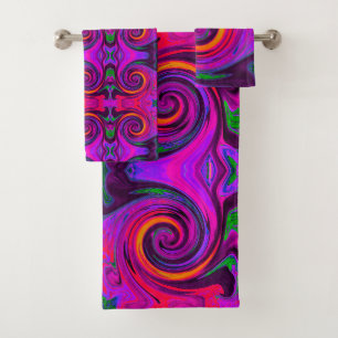 Groovy Abstract Retro Purple and Orange Swirl Bath Towel Set