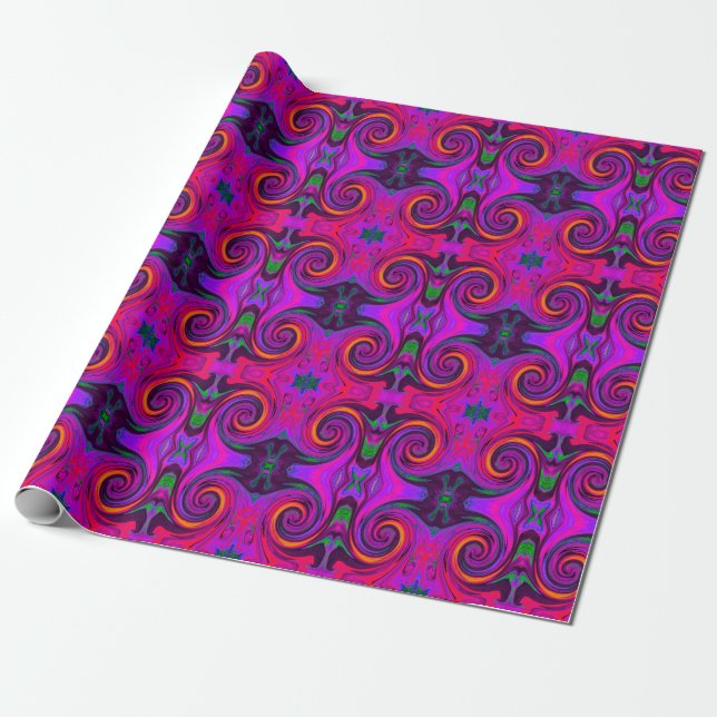 Groovy Abstract Retro Purple and Orange Swirl Wrapping Paper (Unrolled)