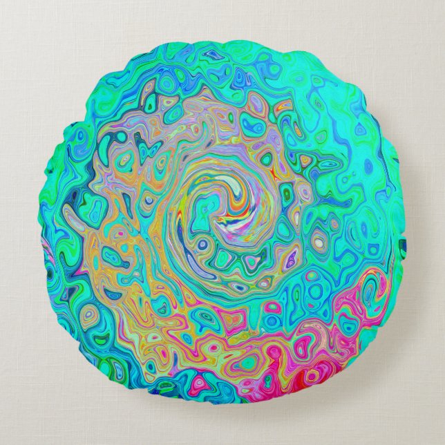 Groovy Abstract Retro Rainbow Liquid Swirl Round Cushion (Front)
