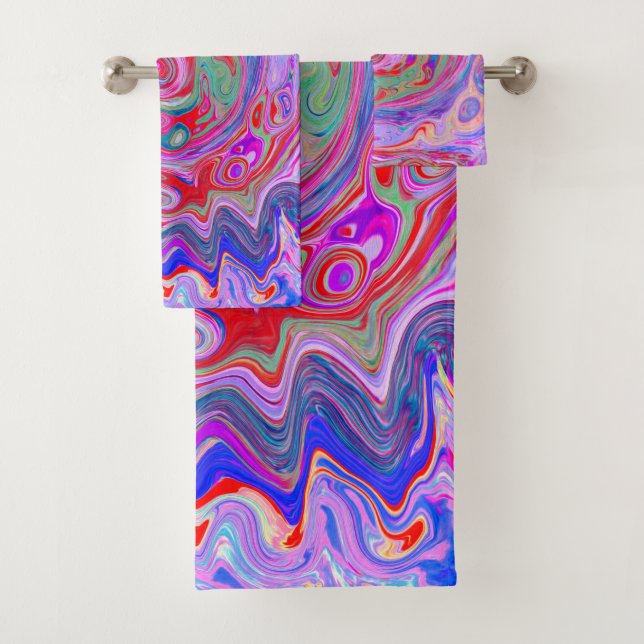 Groovy Abstract Retro Red, Purple and Pink Swirl Bath Towel Set (Insitu)