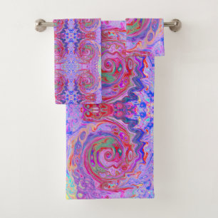 Groovy Abstract Retro Red, Purple and Pink Swirl Bath Towel Set
