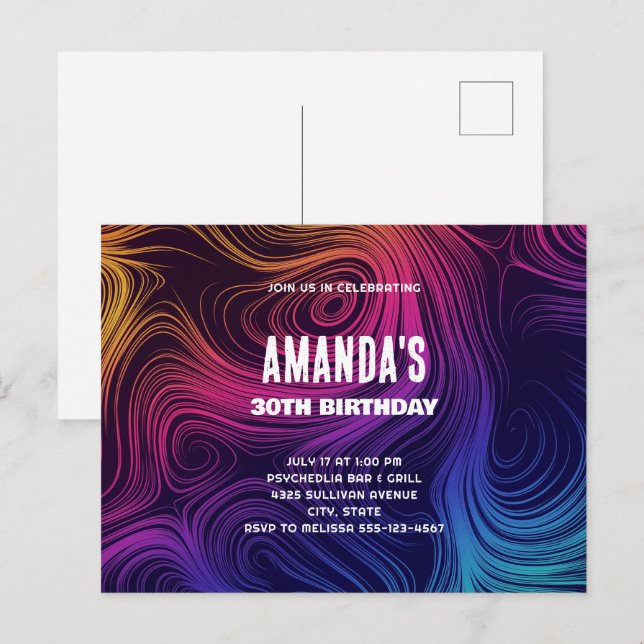 Groovy Abstract Swirls and Circles Cool Birthday Invitation Postcard (Front/Back)