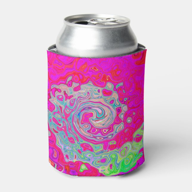 Groovy Abstract Teal Blue and Red Swirl Can Cooler (Can Front)