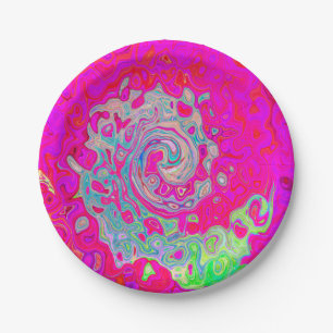 Groovy Abstract Teal Blue and Red Swirl Paper Plate
