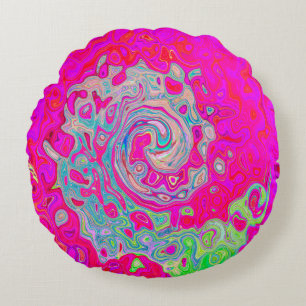 Groovy Abstract Teal Blue and Red Swirl Round Cushion