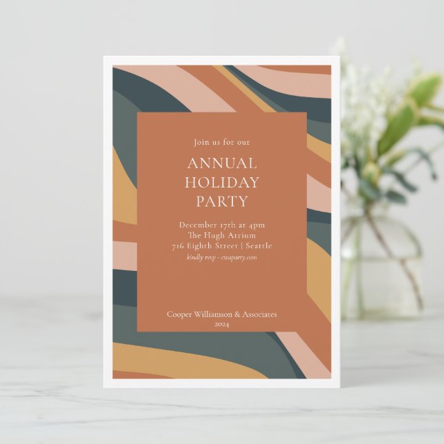 Groovy Abstract Terracotta Office Holiday Party Invitation (Standing Front)