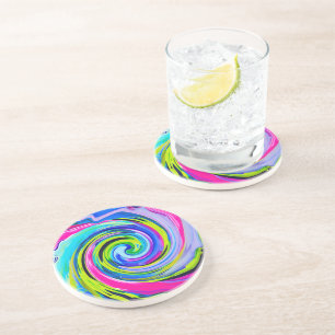 Groovy Abstract Yellow and Navy Blue Swirl Coaster