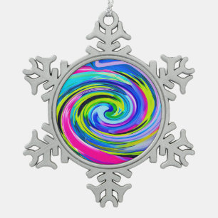 Groovy Abstract Yellow and Navy Blue Swirl Snowflake Pewter Christmas Ornament