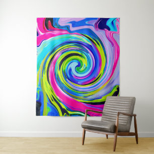 Groovy Abstract Yellow and Navy Blue Swirl Tapestry