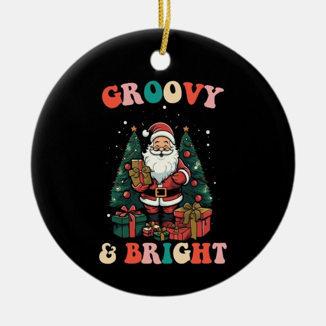 Groovy And Bright Christmas Santa Holiday Retro Ceramic Ornament (Front)