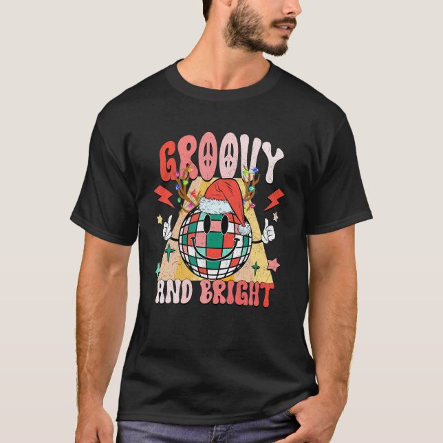Groovy And Bright Disco Ball Santa Happy Face Chri T-Shirt (Front)