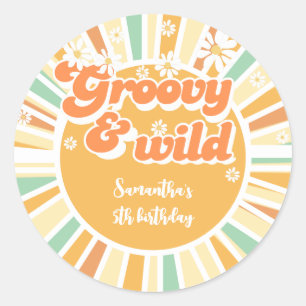 Groovy and wild retro sun kids birthday classic round sticker