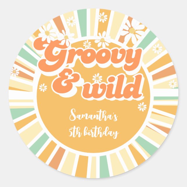 Groovy and wild retro sun kids birthday classic round sticker (Front)
