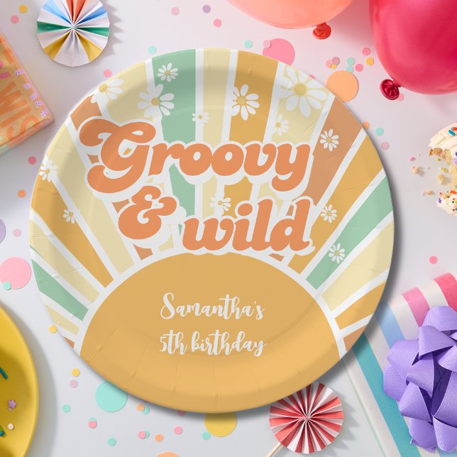 Groovy and wild retro sun kids birthday paper plate (Creator Uploaded)