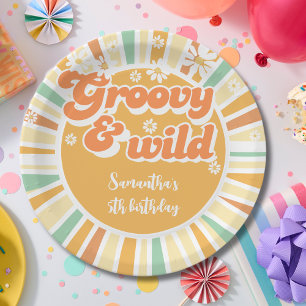 Groovy and wild retro sun kids birthday paper plate