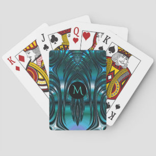 Groovy Art Deco Teal Fringed Fractal with Monogram Playing Cards