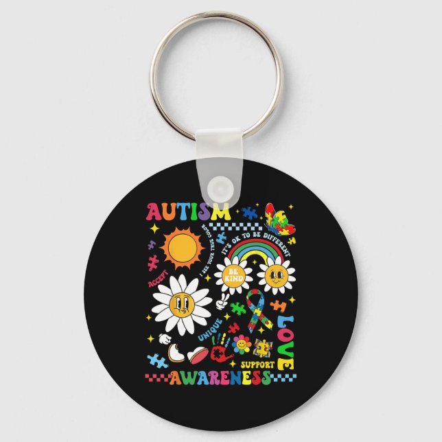 Groovy Autism Awareness Unique Love Support Puzzle Key Ring (Front)