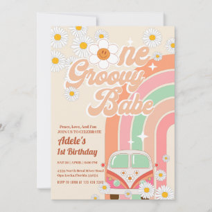 Groovy Babe Pink Van Daisy Rainbow 1st Birthday Invitation