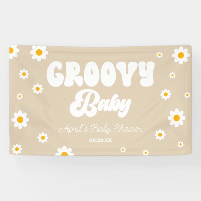 Groovy Baby Daisy Flower Floral Tan Baby Shower Banner (Horizontal)