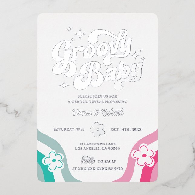 Groovy Baby Gender Reveal Foil Invitation (Front)