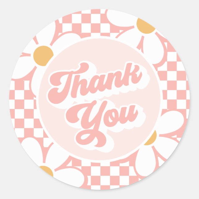 Groovy Baby Pink Check Daisy thank you Classic Round Sticker (Front)