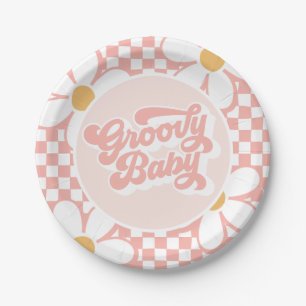 Groovy Baby Pink Daisy Chequered Paper Plate