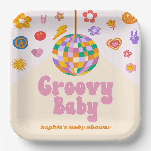 Groovy Baby Retro 70's Disco Ball Baby Shower Paper Plate (Front)
