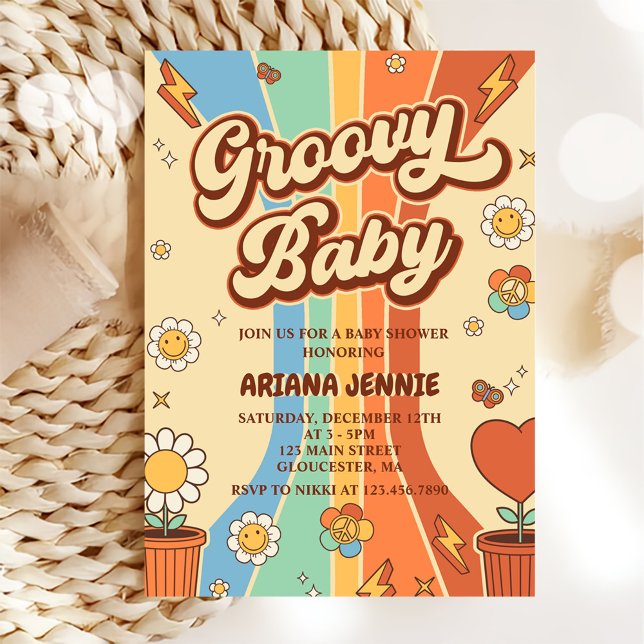 Groovy Baby Retro Rainbow Baby Shower Party Invitation (Creator Uploaded)