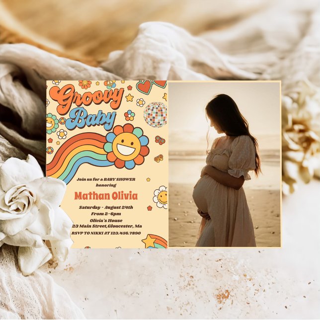 Groovy Baby Retro Rainbow Baby Shower Party Invitation (Creator Uploaded)