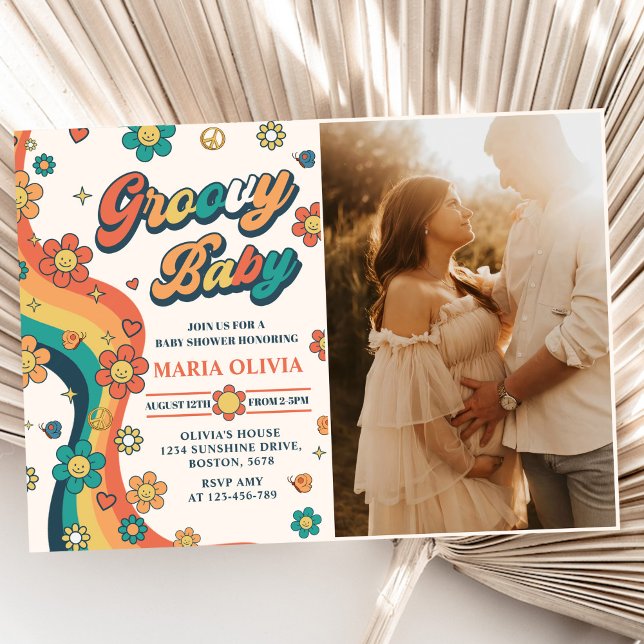 Groovy Baby Retro Rainbow Baby Shower Party Photo Invitation (Creator Uploaded)