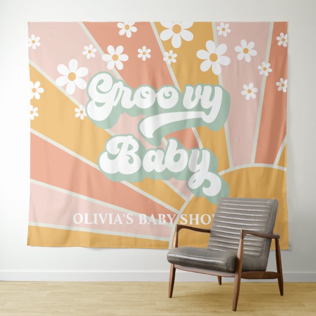 Groovy Baby Retro Sunshine Daisy Baby Shower Banne Tapestry (In Situ (Horizontal))