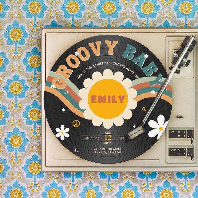 Groovy Baby Retro Vinyl Record Baby Shower Invitation (Groovy baby shower retro vinyl record invitation)