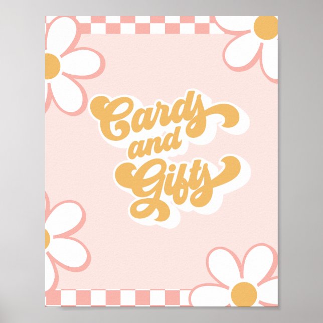 Groovy Baby Shower Cards and Gifts Sign Pink Check (Front)