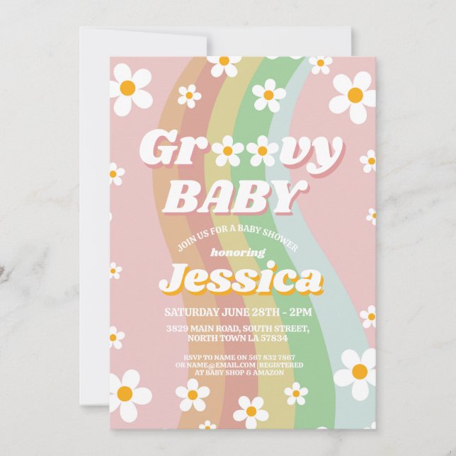 Groovy Baby Shower Pink Girls Retro Rainbow 1970s Invitation (Front)