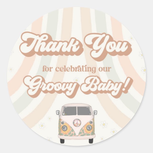 Groovy baby shower retro 70s theme favour sticker (Front)