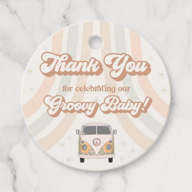 Groovy baby shower retro 70s theme favour tag (Front)