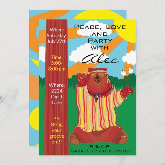 Groovy Bear 1960"s Style Invitation (Front/Back)