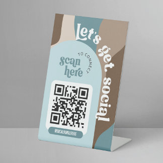 Groovy Beige & Teal Trendy Social Media QR Code Pedestal Sign
