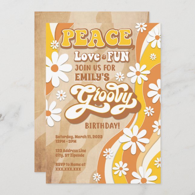 Groovy Birthday Party Invitation, Peace Love & Fun Invitation (Front/Back)