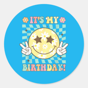 Groovy Birthday Women Ns Girls Retro Smile Face Classic Round Sticker
