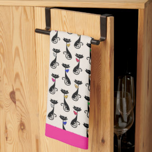Groovy Black Cats Pink Border Tea Towel