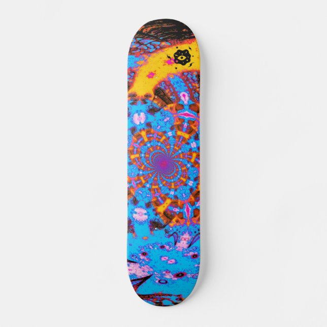 Groovy Blue Abstract Futuristic Spiral Digital Art Skateboard (Front)