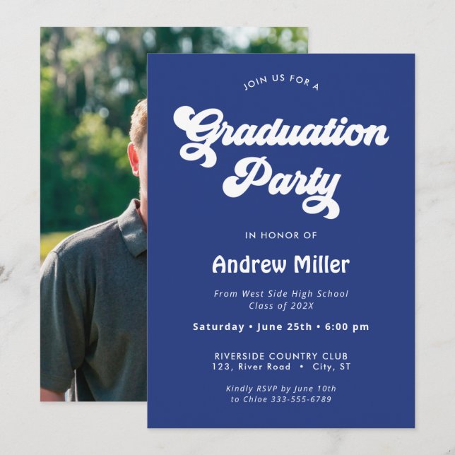 Groovy Blue Graduation Party Photo on Back Holiday Card (Front/Back)