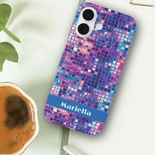 Groovy Blue & Purple Disco Ball Personalised iPhone 16 Case